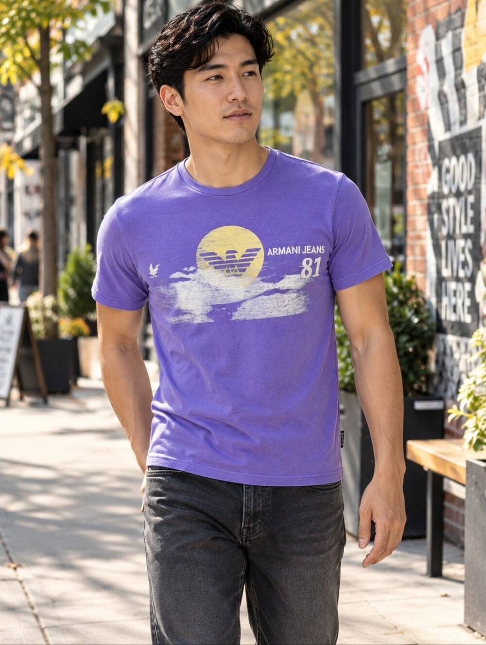 NWT Armani Jeans 81 Purple Graphic T-Shirt Y2K Designer Tee S
